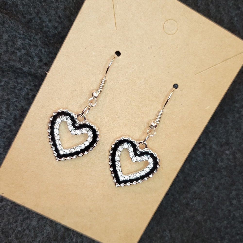 Silver and black heart earrings with rhinestones NWOT